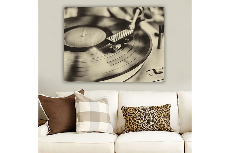 Lerretsbilde 70x100 cm - Stilig bilde av en platespiller med en spinnende vinylplate - Svart / Grå - Innredning - Bilder & kunst - Lerretsbilder