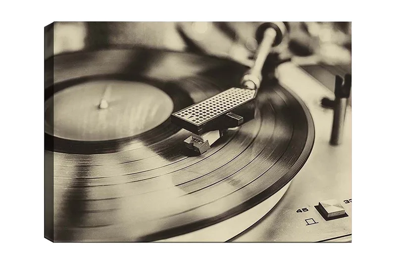 Lerretsbilde 70x100 cm - Stilig bilde av en platespiller med en spinnende vinylplate, Svart / Grå