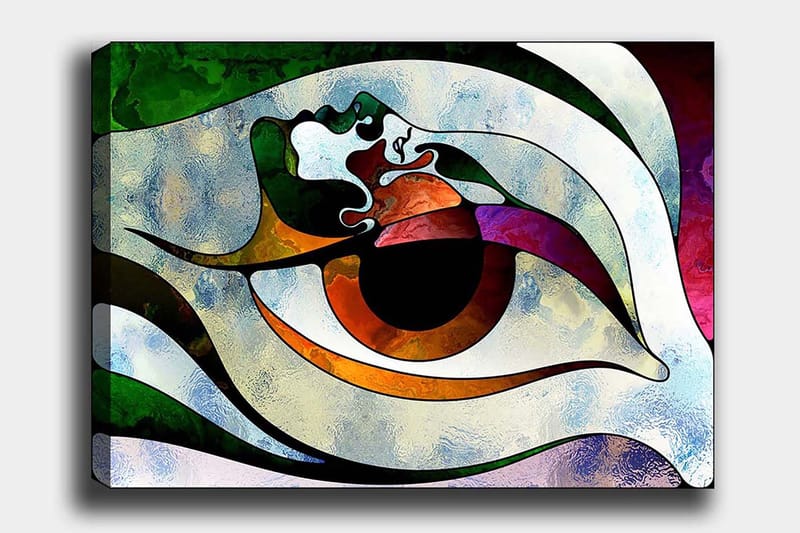 Lerretsbilde 70x100 cm - Stilisert øyeform med fargerike elementer som skaper en hypnotisk effekt, Grønn / Brun / Hvit