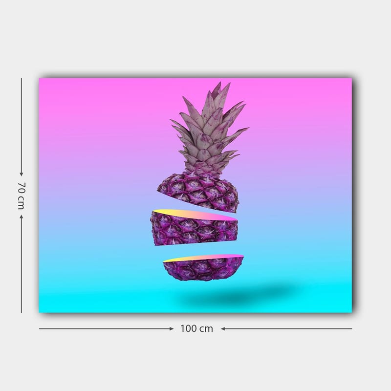 Lerretsbilde 70x100 cm - Stilisert ananas kuttet i tre deler med en fargerik bakgrunn - Lilla / Gul / Turkis - Innredning - Bilder & kunst - Lerretsbilder