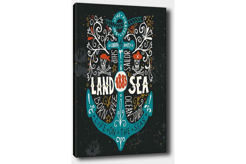Lerretsbilde 70x100 cm - Stilisert anker med elementer av piratmotiver og tekst som fremhever temaet Land & Hav - Turkis / Hvit / Svart - Innredning - Bilder & kunst - Lerretsbilder