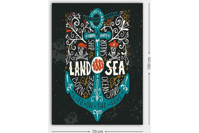 Lerretsbilde 70x100 cm - Stilisert anker med elementer av piratmotiver og tekst som fremhever temaet Land & Hav - Turkis / Hvit / Svart - Innredning - Bilder & kunst - Lerretsbilder