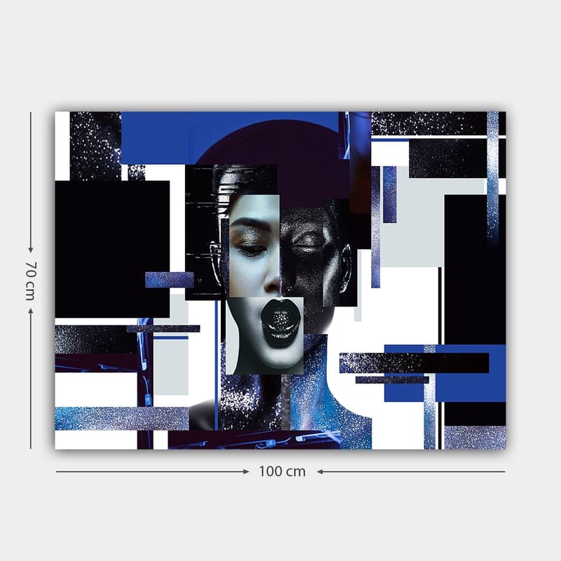 Lerretsbilde 70x100 cm - Stilisert ansiktsbilde med geometriske former og kontrastfarger som skaper en moderne og futuristisk følelse - Mørk blå / Svart / Hvit - Innredning - Bilder & kunst - Lerretsbilder