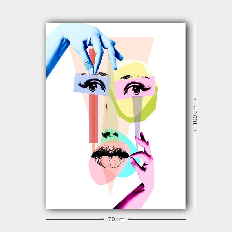 Lerretsbilde 70x100 cm - Stilisert ansiktskomposisjon med geometriske former og hender som samhandler med ansiktet - Blå / Rosa / Grønn - Innredning - Bilder & kunst - Lerretsbilder