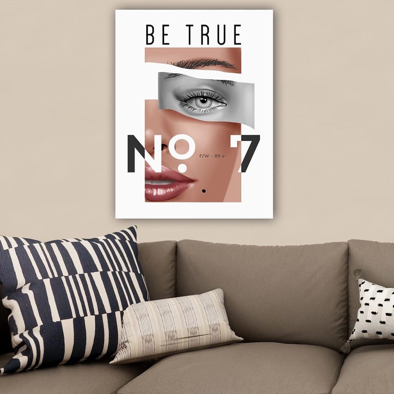 Lerretsbilde 70x100 cm - Stilisert ansiktsportrett med fokus på øyne og lepper - Beige / Grå / Svart - Innredning - Bilder & kunst - Lerretsbilder