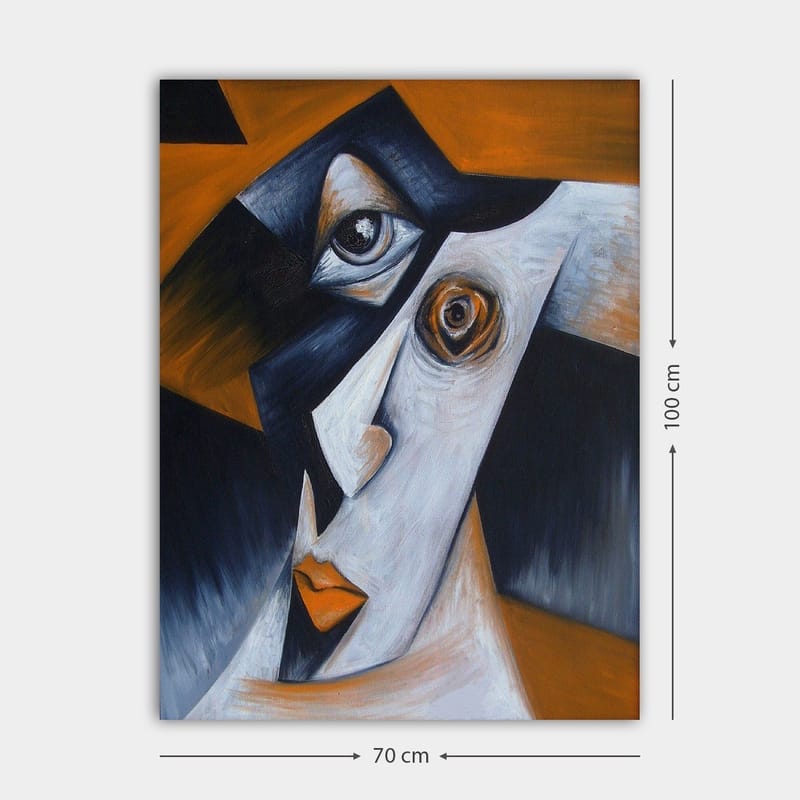 Lerretsbilde 70x100 cm - Stilisert ansiktsportrett med kontrasterende former og uttrykk - Svart / Hvit / Oransje - Innredning - Bilder & kunst - Lerretsbilder