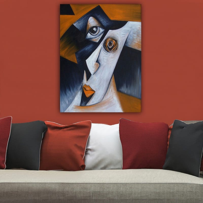 Lerretsbilde 70x100 cm - Stilisert ansiktsportrett med kontrasterende former og uttrykk - Svart / Hvit / Oransje - Innredning - Bilder & kunst - Lerretsbilder