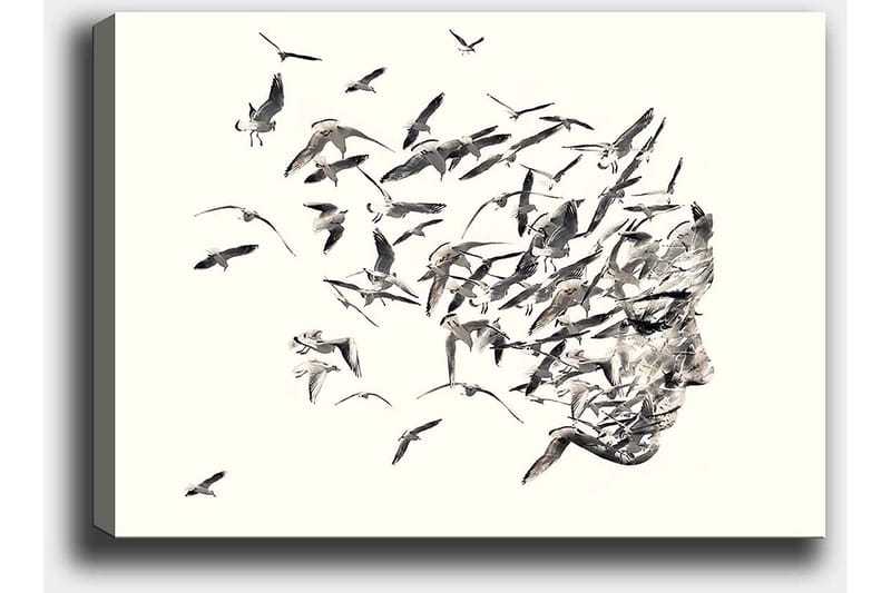 Lerretsbilde 70x100 cm - Stilisert ansiktsprofil som smelter sammen med flygende fugler - Grå / Svart / Beige - Innredning - Bilder & kunst - Lerretsbilder