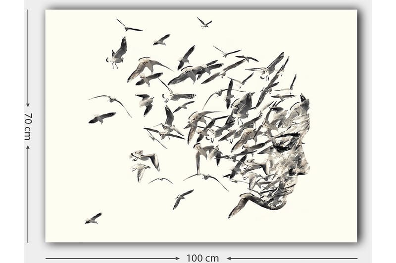 Lerretsbilde 70x100 cm - Stilisert ansiktsprofil som smelter sammen med flygende fugler - Grå / Svart / Beige - Innredning - Bilder & kunst - Lerretsbilder