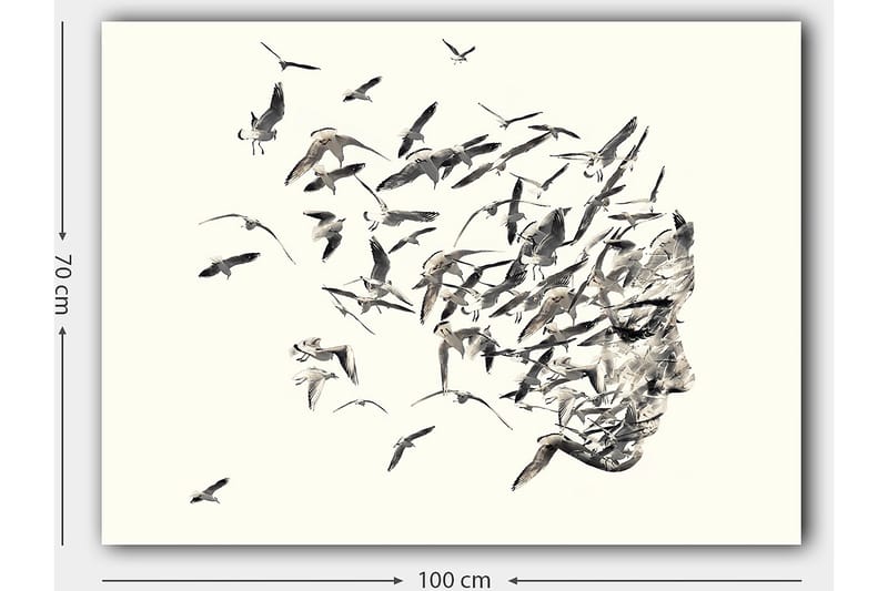 Lerretsbilde 70x100 cm - Stilisert ansiktsprofil som smelter sammen med flygende fugler - Grå / Svart / Beige - Innredning - Bilder & kunst - Lerretsbilder