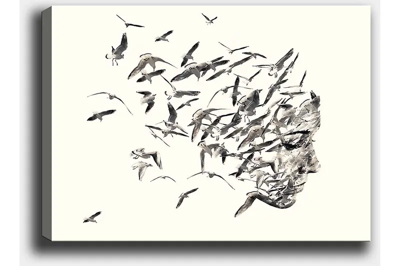 Lerretsbilde 70x100 cm - Stilisert ansiktsprofil som smelter sammen med flygende fugler - Grå / Svart / Beige - Innredning - Bilder & kunst - Lerretsbilder