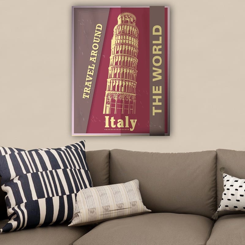 Lerretsbilde 70x100 cm - Stilisert avbildning av Det skjeve tårnet i Pisa, omgitt av tekst som oppfordrer til reise - Mørk rød / Beige - Innredning - Bilder & kunst - Lerretsbilder
