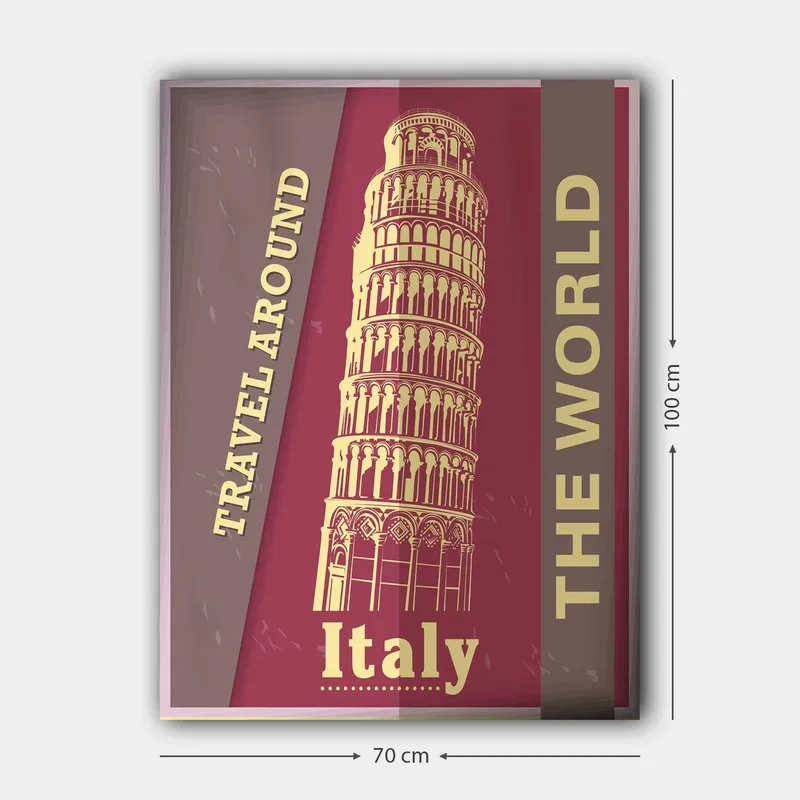 Lerretsbilde 70x100 cm - Stilisert avbildning av Det skjeve tårnet i Pisa, omgitt av tekst som oppfordrer til reise - Mørk rød / Beige - Innredning - Bilder & kunst - Lerretsbilder