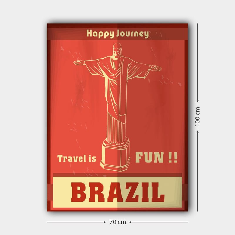 Lerretsbilde 70x100 cm - Stilisert avbildning av Kristusstatuen i Rio de Janeiro med en glad reisemelding - Rød / Beige - Innredning - Bilder & kunst - Lerretsbilder