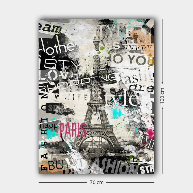 Lerretsbilde 70x100 cm - Stilisert bilde av Eiffeltårnet omgitt av moteord og fargerike detaljer - Svart / Rosa / Turkis - Innredning - Bilder & kunst - Lerretsbilder