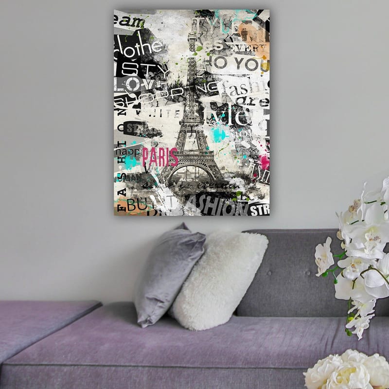 Lerretsbilde 70x100 cm - Stilisert bilde av Eiffeltårnet omgitt av moteord og fargerike detaljer, Svart / Rosa / Turkis