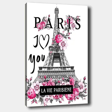 Lerretsbilde 70x100 cm - Stilisert bilde av Eiffeltårnet omgitt av rosa blomster og teksten PARIS I Love you - Rosa / Svart / Grå - Innredning - Bilder & kunst - Lerretsbilder