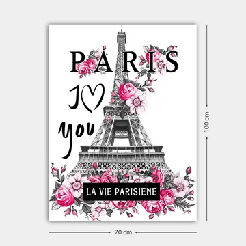 Lerretsbilde 70x100 cm - Stilisert bilde av Eiffeltårnet omgitt av rosa blomster og teksten PARIS I Love you - Rosa / Svart / Grå - Innredning - Bilder & kunst - Lerretsbilder