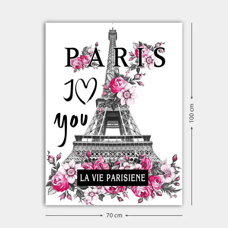 Lerretsbilde 70x100 cm - Stilisert bilde av Eiffeltårnet omgitt av rosa blomster og teksten PARIS I Love you - Rosa / Svart / Grå - Innredning - Bilder & kunst - Lerretsbilder