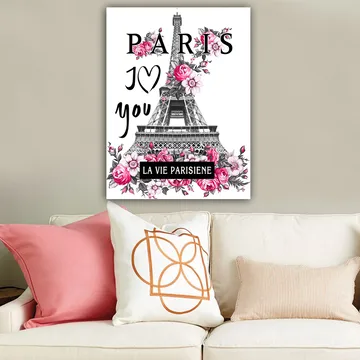 Lerretsbilde 70x100 cm - Stilisert bilde av Eiffeltårnet omgitt av rosa blomster og teksten PARIS I Love you - Rosa / Svart / Grå - Innredning - Bilder & kunst - Lerretsbilder
