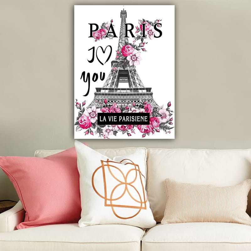 Lerretsbilde 70x100 cm - Stilisert bilde av Eiffeltårnet omgitt av rosa blomster og teksten PARIS I Love you - Rosa / Svart / Grå - Innredning - Bilder & kunst - Lerretsbilder