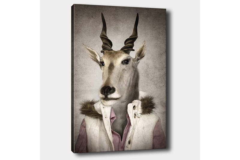 Lerretsbilde 70x100 cm - Stilisert bilde av en antilope kledd i en moderne jakke med krage - Beige / Hvit / Grå - Innredning - Bilder & kunst - Lerretsbilder