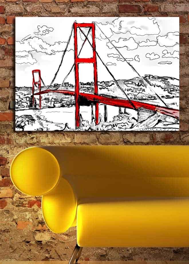 Lerretsbilde 70x100 cm - Stilisert bilde av en rød hengebro med omkringliggende landskap i svart-hvitt - Rød / Svart - Innredning - Bilder & kunst - Lerretsbilder