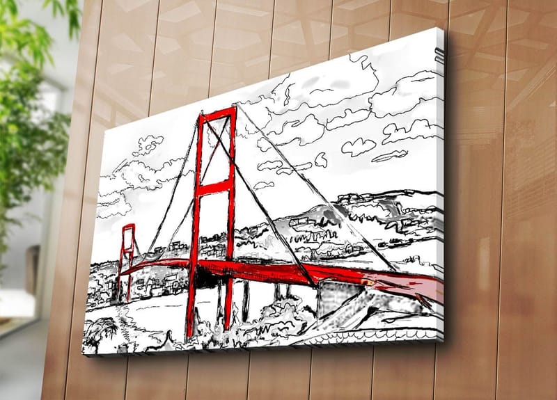 Lerretsbilde 70x100 cm - Stilisert bilde av en rød hengebro med omkringliggende landskap i svart-hvitt - Rød / Svart - Innredning - Bilder & kunst - Lerretsbilder