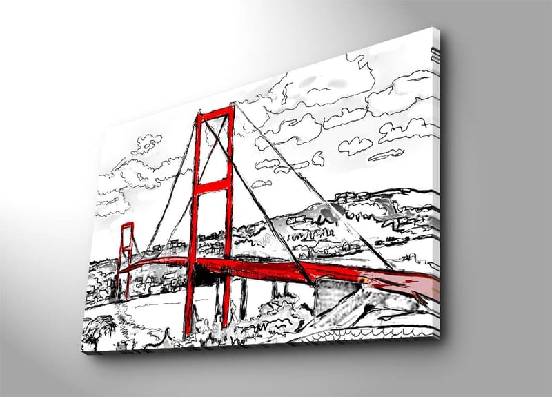 Lerretsbilde 70x100 cm - Stilisert bilde av en rød hengebro med omkringliggende landskap i svart-hvitt, Rød / Svart