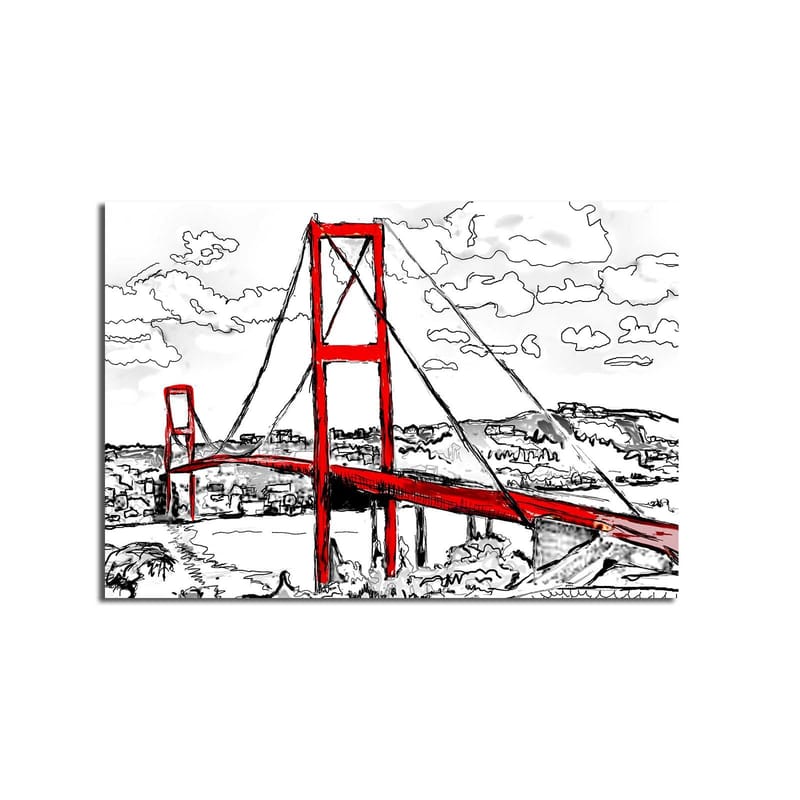 Lerretsbilde 70x100 cm - Stilisert bilde av en rød hengebro med omkringliggende landskap i svart-hvitt - Rød / Svart - Innredning - Bilder & kunst - Lerretsbilder