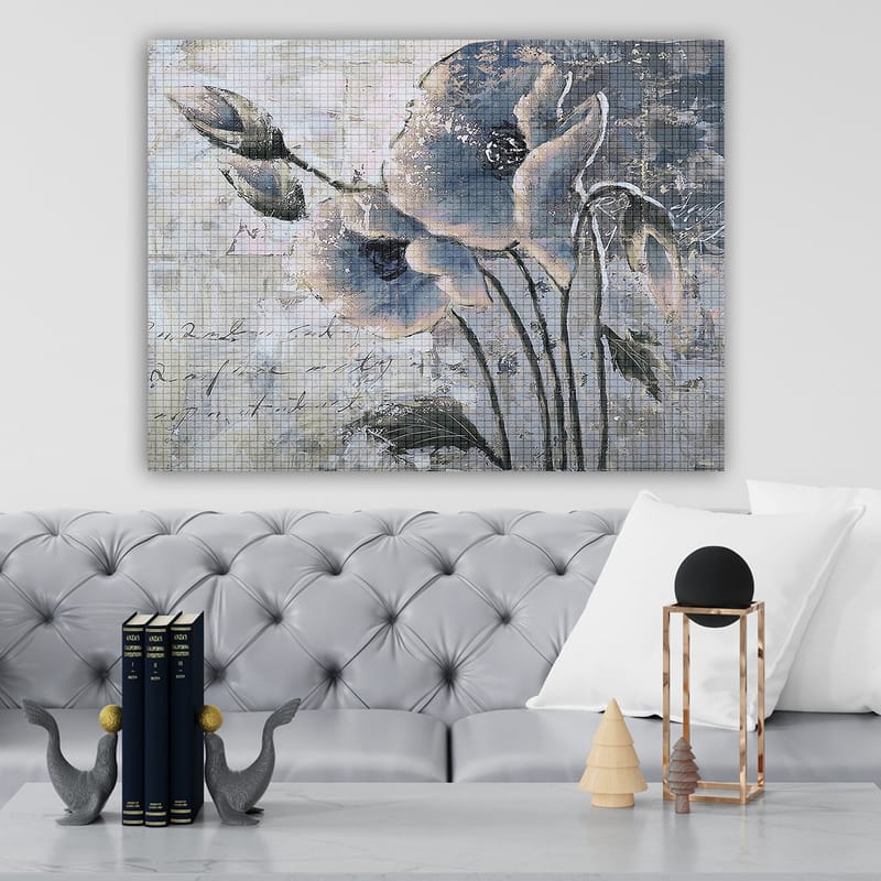 Lerretsbilde 70x100 cm - Stilisert blomst i dempede blå og grå toner - Blå / Grå - Innredning - Bilder & kunst - Lerretsbilder