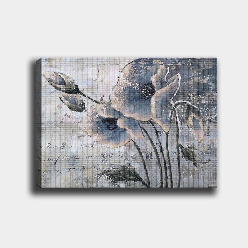 Lerretsbilde 70x100 cm - Stilisert blomst i dempede blå og grå toner, Blå / Grå