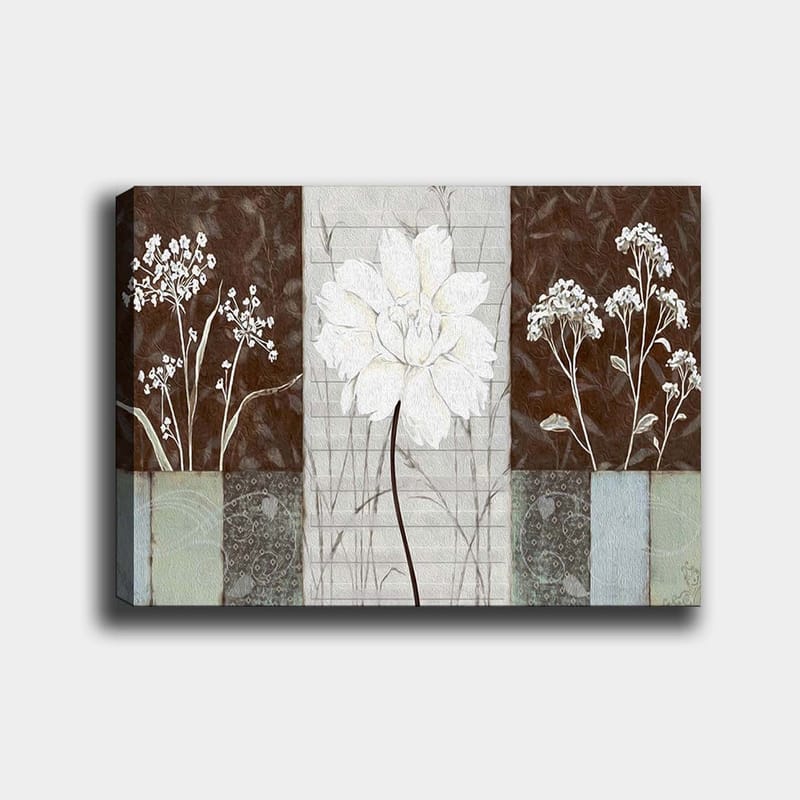 Lerretsbilde 70x100 cm - Stilisert blomst i hvitt omgitt av brune og grå nyanser, Hvit / Brun / Grå