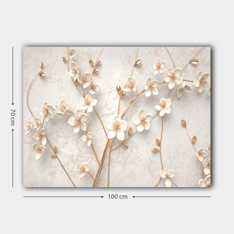 Lerretsbilde 70x100 cm - Stilisert blomsterdesign med hvite blomster og gulldetaljer - Hvit / Gull - Innredning - Bilder & kunst - Lerretsbilder