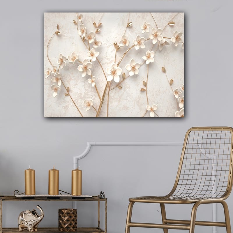 Lerretsbilde 70x100 cm - Stilisert blomsterdesign med hvite blomster og gulldetaljer - Hvit / Gull - Innredning - Bilder & kunst - Lerretsbilder