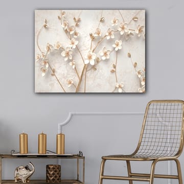 Lerretsbilde 70x100 cm - Stilisert blomsterdesign med hvite blomster og gulldetaljer - Hvit / Gull - Innredning - Bilder & kunst - Lerretsbilder