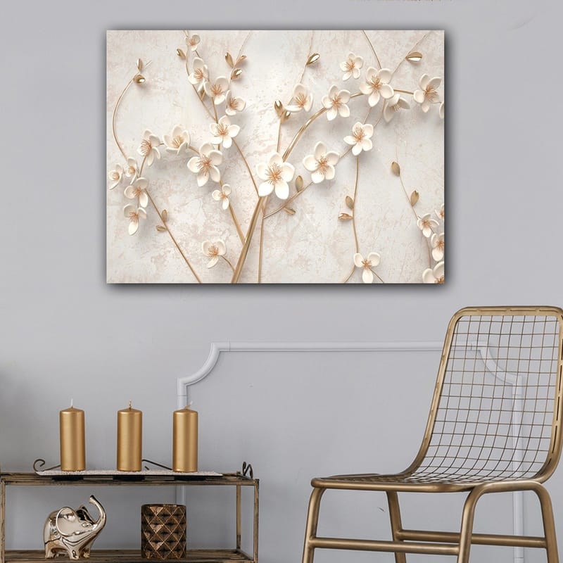 Lerretsbilde 70x100 cm - Stilisert blomsterdesign med hvite blomster og gulldetaljer - Hvit / Gull - Innredning - Bilder & kunst - Lerretsbilder