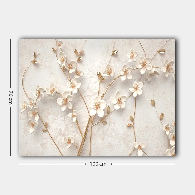 Lerretsbilde 70x100 cm - Stilisert blomsterdesign med hvite blomster og gulldetaljer - Hvit / Gull - Innredning - Bilder & kunst - Lerretsbilder