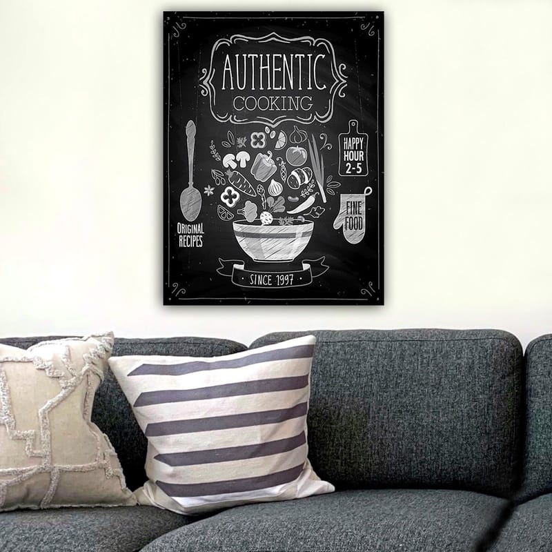 Lerretsbilde 70x100 cm - Stilisert bolle med forskjellige grønnsaker og ingredienser som symboliserer autentisk matlaging - Hvit / Svart / Grå - Innredning - Bilder & kunst - Lerretsbilder