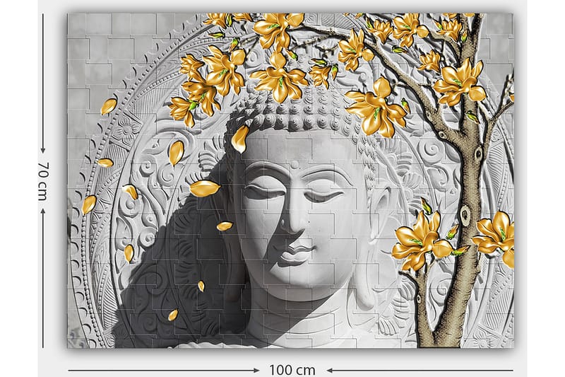 Lerretsbilde 70x100 cm - Stilisert Buddha med blomstrende grener i gult - Grå / Hvit / Gul - Innredning - Bilder & kunst - Lerretsbilder