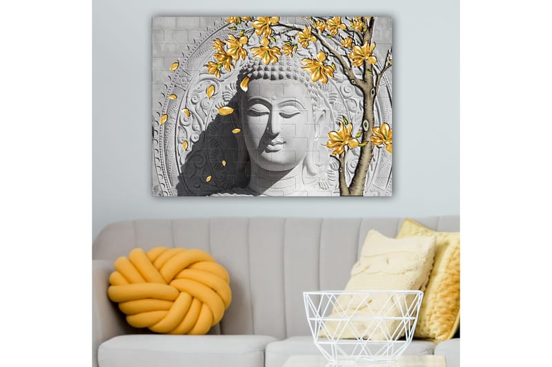 Lerretsbilde 70x100 cm - Stilisert Buddha med blomstrende grener i gult, Grå / Hvit / Gul