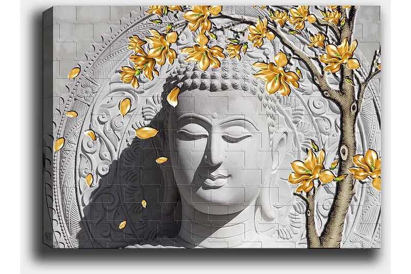 Lerretsbilde 70x100 cm - Stilisert Buddha med blomstrende grener i gult - Grå / Hvit / Gul - Innredning - Bilder & kunst - Lerretsbilder