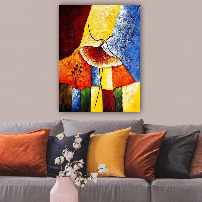 Lerretsbilde 70x100 cm - Stilisert dansende kvinne med rødt skjørt mot en fargerik bakgrunn - Rød / Gul / Blå - Innredning - Bilder & kunst - Lerretsbilder