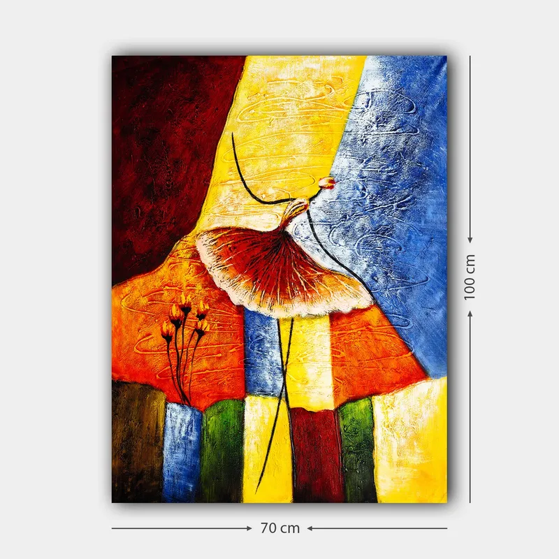 Lerretsbilde 70x100 cm - Stilisert dansende kvinne med rødt skjørt mot en fargerik bakgrunn - Rød / Gul / Blå - Innredning - Bilder & kunst - Lerretsbilder