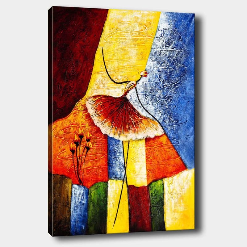 Lerretsbilde 70x100 cm - Stilisert dansende kvinne med rødt skjørt mot en fargerik bakgrunn, Rød / Gul / Blå