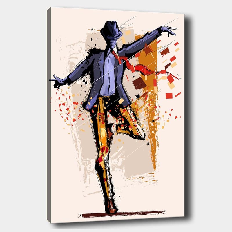 Lerretsbilde 70x100 cm - Stilisert danser i kostyme med hatt som uttrykker bevegelse og energi, Mørk blå / Oransje / Rød