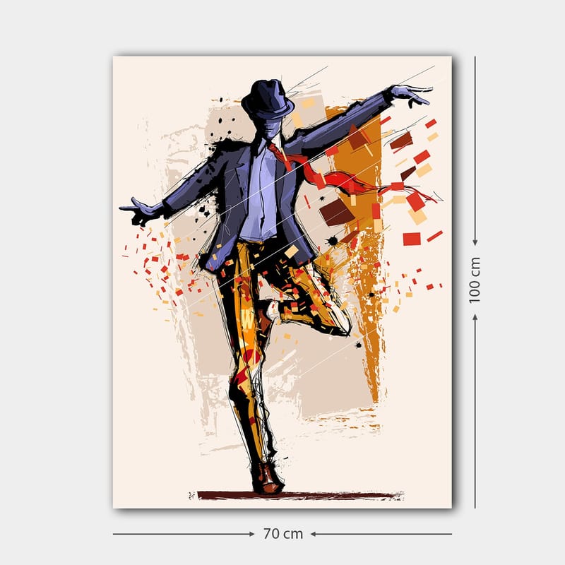 Lerretsbilde 70x100 cm - Stilisert danser i kostyme med hatt som uttrykker bevegelse og energi - Mørk blå / Oransje / Rød - Innredning - Bilder & kunst - Lerretsbilder