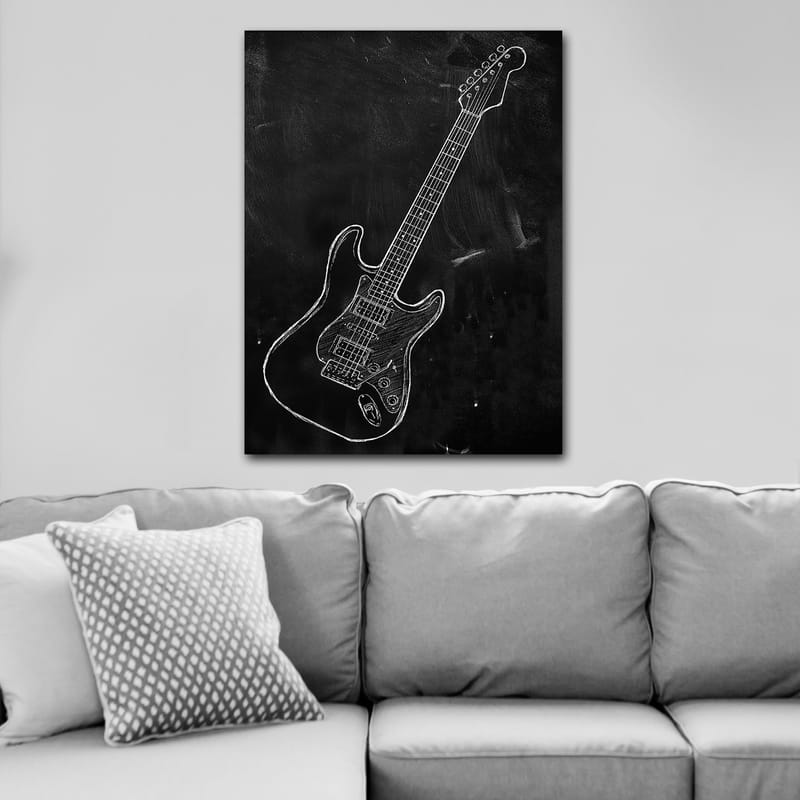 Lerretsbilde 70x100 cm - Stilisert elektrisk gitar tegnet med kritt på svart bakgrunn - Svart / Hvit - Innredning - Bilder & kunst - Lerretsbilder