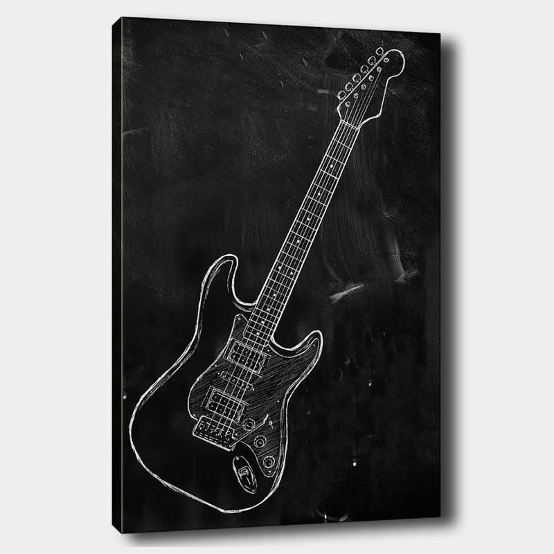 Lerretsbilde 70x100 cm - Stilisert elektrisk gitar tegnet med kritt på svart bakgrunn - Svart / Hvit - Innredning - Bilder & kunst - Lerretsbilder