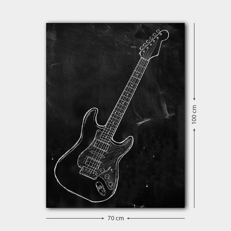 Lerretsbilde 70x100 cm - Stilisert elektrisk gitar tegnet med kritt på svart bakgrunn - Svart / Hvit - Innredning - Bilder & kunst - Lerretsbilder